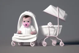  baby in a Baby carriage tucked in wearing a bonnet and sucking on a pacifier