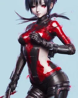 Detailed cute anime assassin girl, blood read hair buns, blood red bangs, black latex bodysuit, intricate details, full body portrait, keep head in frame, slight smile, black Japanese motif, concept art, highly detailed, digital painting, concept art, sharp focus, illustration, art by Yoji Shinkawa, WLOP and greg rutkowski and alphonse mucha and artgerm and yanjun Chen and Junji ito and Makoto Shinkai, HDR, octane render