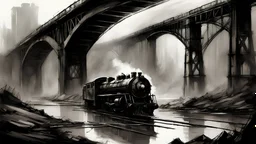 railway bridge over the river, train on it, post-apocalypse,, thick black pencil, by Raymond Swanland