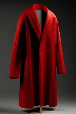 Man's large and long red knitted coat opened on front