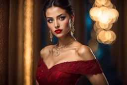 full body, young ralistic woman Portrait, detailed eyes, with spectacular red lips, Eyeliner "beautiful eye" with clear eyebrows, dress with a narrow waist, modest jewelry with subtle eyeliner, centered, symmetry, intricate, volumetric lighting, beautiful, rich deep colors masterpiece, sharp focus, ultra detailed, 8K, dslr, no crop, grand ballroom background, normal eyes