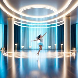 beautiful dance stage with a beautiful girl dancing in luxury modern hall dynamic lights, modern furniture light blue & cream theme