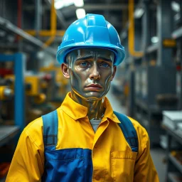 an very sad transparent glas man with blue and yellow working clothes, in a factory, nobody cares about the empty glas man, that is why he is so sad :( , he had worked 30 years in the factory and never had a salary increase, tears in his eyes, the working man is transparent, everyone see through him, he is nearly invisible