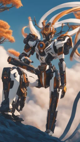 A close picture to Ramattra in front a full moon tree, future suit ,black mask, robe, blue fire eyes, white body , future mechanical, Mechanical body, mechanical arm,transformers details, mechanical details, details mechanical arm, blue glowing machine details
