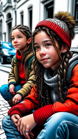 iki kız beraber sokakta oturuyorlar yaşları daha büyük liseliler daha renkli kızlardan birinin saçı kabarık diğerininki ise biraz uzun ve örgülü yaşları biraz daha büyük kıyafetleri değiştir pozları değiştir tarzı değiştir