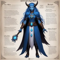 monster concept sheet with AD&D statistics and characteristics: The Great Nema of Ruxa Koros, revered for beauty and power, wields ancient magic. Her eyes hold wisdom, robes shift magically, and hair cascades like midnight. Known for blue eggs symbolizing new beginnings, she commands respect and mystery. In the Fiend Folio, she is a Level 20 Sorcerer with divine knowledge and formidable abilities, a force to be reckoned with in the world of AD&D.