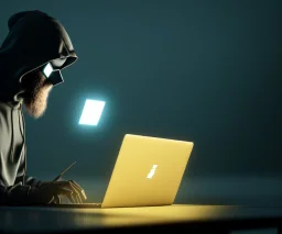 a hacker coding on his laptop in a dark room, golden fog