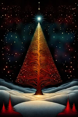 deep rich colors, magic lighting, Beautiful abstract winter Christmas tree landscape illustration in Leonardo da Vinci style, beautiful fantasy dreamy surreal abstraction, deep rich colors, magic lighting, Jean-Baptiste Monge, Gustav Klimt geometric ornamental style, cosmic galaxy white, black, red, gold, extravagant surreal beautiful ornamental dots and lines surreal abstraction, surreal Rene Magritte, solid colors, reminiscent of luxury, minimalist, clean with some abstract elements, dark colo