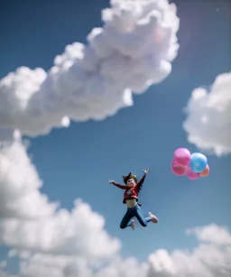 Ultra realistic clouds sky scene, medium shot view, portrait, sweet Childs, free jumping flying, trinkets, monster hair, jelly beans, balls, smile, happy, Peter Pan style, inflatable color clothing, extreme, wind, clouds sea, 20,000 feet altitude, stratosphere, soft color, highly detailed, unreal engine 5, ray tracing, RTX, lumen lighting, ultra detail, volumetric lighting, 3d, finely drawn, high definition, high resolution.