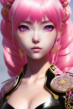 Detailed cute anime Kunoichi girl, pink hair buns, pink bangs, black latex bodysuit, intricate details, full body portrait, keep head in frame, slight smile, black Japanese motif, concept art, highly detailed, digital painting, concept art, sharp focus, illustration, art by Yoji Shinkawa, WLOP and greg rutkowski and alphonse mucha and artgerm and yanjun Chen and Junji ito and Makoto Shinkai, HDR, octane render