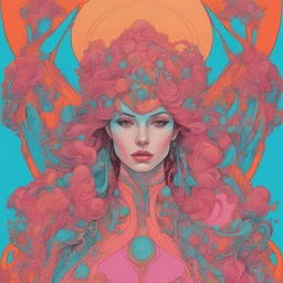 Vanessa paradis in the style of moebius, pink, orange, turquoise