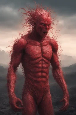 full body portrait, head to toe, imagine in a world made out of strawberries, a 4k UHD strawberry skinned, 1080p strawberry skinned man., at the edge of the Strawberry universe, three million years in the future, an extremely mutated and old Strawberry humanoid being, Volcanic Strawberry-man, with wirey, messy, spiked up, long leafy green strawberry hair, burned, scarred and ashy strawberry skin with a lost gaze, bound to the edge of time, wandering aimlessly and alone