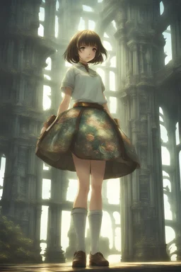 Christian Riese Lassen, Hitoshi masumura, Surreal, mysterious, strange, fantastical, fantasy, Sci-fi, Japanese anime, herbarium, if the world were one glass marble, cartographer's miniskirt beautiful girl, perfect volume body, detailed masterpiece depth of field cinematic lighting