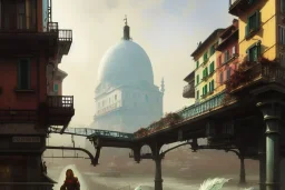 Train+Elevated Train pass on sea+trains+ corner building on sea+riomaggiore+genoa street+turin+Italian medieval town+Italian city+alphonse mucha, greg rutkowski,matte painting, cryengine, hyper detailed, felix kelly, fantasy art, seb mckinnon