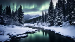 A picture of a winter landscape with abies alba trees and a river,aurora,dramatic scene,