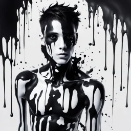 A sihlouette of an inky humanoid male with black and white skin, spilling black and white paint all over the place, dreamy, surreal