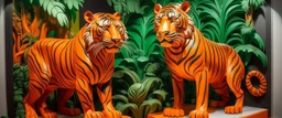 An orange colored rainforest with tigers designed in Maori sculptures painted by Pablo Picasso