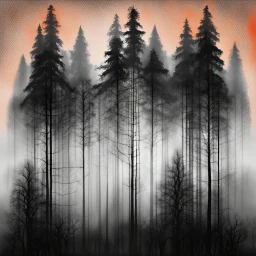 silhouette of tall dark trees, black, gray colors, surreal, foggy, mesh, red-gray-orange background, painted, lacy pattern melting, dreamlike scene, blurred with wet ink, masterpiece