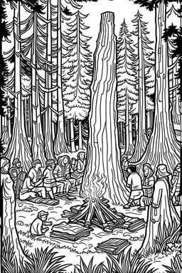 Under the vast canopy of ancient redwood trees, a group of friends dances joyously around a roaring campfire. The towering trees create a cathedral-like atmosphere, and the bonfire's flames illuminate the massive trunks, conveying the profound connection with nature and the freedom of uninhibited expression..coloring book page, simple and clean line art, adult drawing book, black and white, crisp black lines, no shades, sharp lines, coloring book for adults, cartoon style, landscape