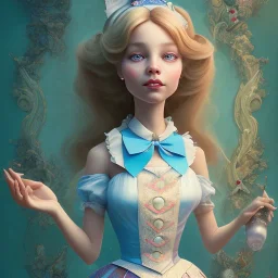 "Alice in the wonderland",dressing Disney style,hairstyle Disney style, detailed eyes, Realistic lighting,elegant,sarcastic smile, by Chie Yoshii,Brian Kesinger,Gediminas Pranckevičius,Kilian Eng,reg Rutkowski