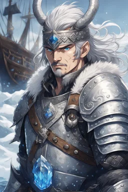 in anime style,1older man, a older man with blue eyes and black hair man in silver Viking armor with fur around the neck with blue crystal on his chest holding an axe in his hands standing on a pirate ship in the artic, warrior in anime style,