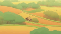 Rice field，Trees，Warm color palette，Animation，A lovely grasshopper，Top of the hill