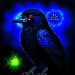 Mighty Raven with nature and runes and glowing eyes and swedish flag