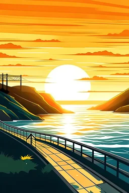 make a sunset over the ocean where you see the road wiich is just at the botton of the picture the sun is in focus eyelands on the ocean. and one that connects to the land with a white bridge. make it in a cartoon and animated way