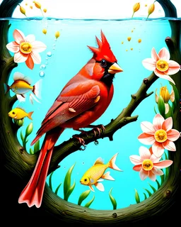 surreal mixed-media illustration of a Cardinal perched on a textured branch, depicted with a semi-transparent body that reveals an internal aquatic scene.Inside the bird’s torso, Angelfish swim gently in clear water, rendered with scientific-illustration precision and soft painterly textures.The bird’s feathers combine natural realism with subtle graphic stylization, including layered patterns and delicate linework.Surrounding the branch are daffodils, illustrated in a vintage botanical style wi