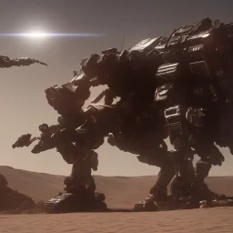 Armored Core machine robot fight another Armored Core fly in the sky in the desert with beside the ocean where you can see the space in the sky with twilight on the horizon, 4k resolution