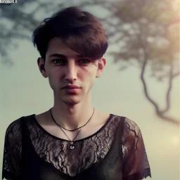 Realistic photo short hair boyish boylike (boyish face) beautiful cleavage lace neckline short haircut thin waist wide hips lacy nightgown sorcerers room with amulet of black magic muslim