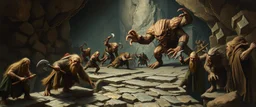 master oil painting by Rembrandt, realistic rendering wild battle on underground bridge, dwarves wielding pickaxes, orcs and mountain trolls, huge alien gremlin troll bugbear, bridge is kinda collapsing