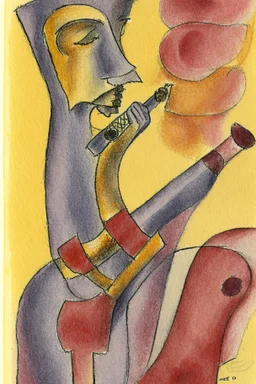 Pencil drawing and watercolour by Paul Klee grey and gold and red of a man playing the saxophone