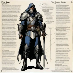 character concept sheet with AD&D statistics and characteristics, [illustration by Michael Kaluta] the dark keeper character class, his powers are Time Laps Back, Retain and night vision