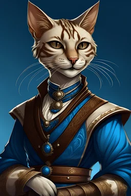 portrait of a Tabaxi female bard in D&D style, blue eyes, feline facial features, stance conveying allure, intricate costume design, prohibition era dress