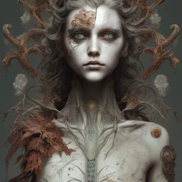 singer Danish MØ face, illustration by <Yoji Shinkawa>, intricate detail , high lighting, karlan, rusty metal, Dryad, fae, sidhe, ominous, nature, plants, wildflower, facepaint, dnd character portrait,