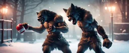 photo shoot of werewolf boxing with shadow creature in ice cream and snow, in fallout 4 setting, bokeh, downlight, prize winning, depth of field, in the style of ivo caprino