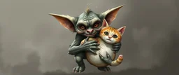 air brush 3d with pen outline, mongrel goblin gremlin holding big cute cat monster with blurred shadow outline, charcoal fog border