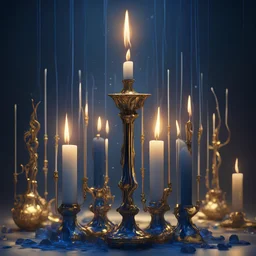 Midnight blue candles on a three-armed gold candlestick, dripping wax. Illustrative art, art interpretation, concept art, cgsociety contest winner, seasonal art, seasonal art HD, 4k, 8k, intricate, detailed, intricately detailed, luminous, translucent fantasy crystal, holographic data, soft body, shadow play, light, fog, atmospheric, cinematic, light film, hyper-detailed, hyper-realistic, masterpiece, atmospheric, high resolution, 8k, HDR, 500px, mysterious and artistic digital art, phototic, in