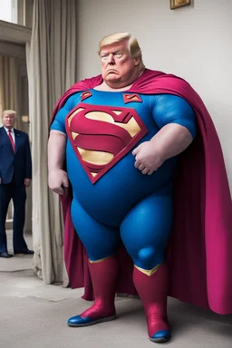 morbidly obese superman with donald trump's head and his gut hanging out