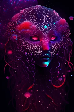 Beautiful giarl, jellyfish, mask neon crystal out her mind beautiful colorfully flowers and star pattern on fur front facing dark smooth colors high contrast background darkred tones,
