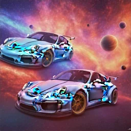 God like, extremely detailed Porsche style car (Centered on image), moving on a silk road through the galaxy, symetrical, HD, 4k, 8k, Photo realistic, neon glow, Power colors