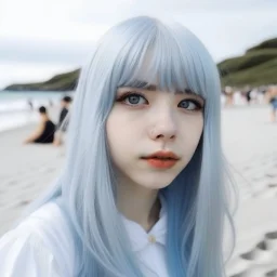 hime hair, white skin, bangs , eyes blue , white hair , beach , girl , cute