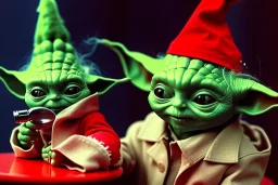 baby Yoda wearing a Christmas hat in a jazz club. 1960's photo real