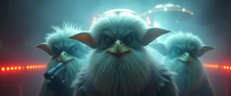 volume fog light, hyper real close up on fluffy beard faces of rock alien cricket duck priest gremlin man general with hi tech transcendent lazer plasma blaster arsenal from hell, guarding bridge up to space saucer neon plastic transparent