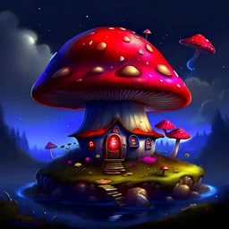 Wonderful spotless mushroom house in space. Floating Island in space. Black, navy blue and crimson colored. fine detail oil painting photo realistic hyper detailed perfect composition trending on artstation.