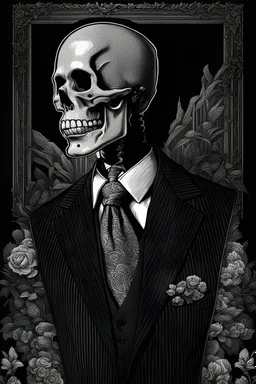 LINE TONE, WSJ STYLE, HEDCUT, ultra high image quality, HEAD AND SHOULDERS SHOT, SKELETON, WEARING A 3 PIECE SUIT, POSED FOR DOLLAR BILL PORTRAIT, , Close-up of an set against AMOLED-worthy pure black backdrop, fantasy art style infused with filter, tailored for vertical wallpaper, exclusive design with no duplicates, radiating beauty suitable for a PC screen image, vivid colors, ultra fine, digital painting, BASED ON THE UNITED STATES TREASURY NOTE ONE DOLLAR BILL