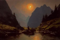 mistery night, mountains, rocks, river, epic, gothic and dark, wilfrid de glehn, friedrich eckenfelder, and anna boch impressionism paintings