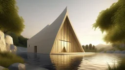 Una capilla contemporánea de hormigón rugoso con techos inclinados y curvos que se funden con muros gruesos de textura táctil, generando un espacio de recogimiento espiritual. La fachada asimétrica pero equilibrada presenta huecos geométricos triangulares que filtran la luz dorada del atardecer, reflejándose en una lámina de agua serena que rodea la base del edificio. La composición enfatiza la solemnidad y la organicidad modernista integrada en un paisaje de rocas y praderas.