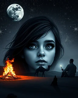 digital painting wonderful night fantasy girl reflection two eyes in the sky stars moon in two eyes huge long eyelashes desert camel caravan man sitting by the fire double exposure collage monochrome